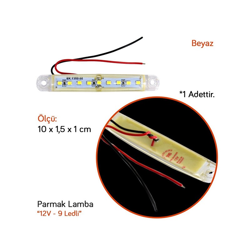 LED LAMBA PARMAK 9 LED İNCE (ŞEFFAF) BEYAZ 12V TAS 005B-12 TAS005B-12