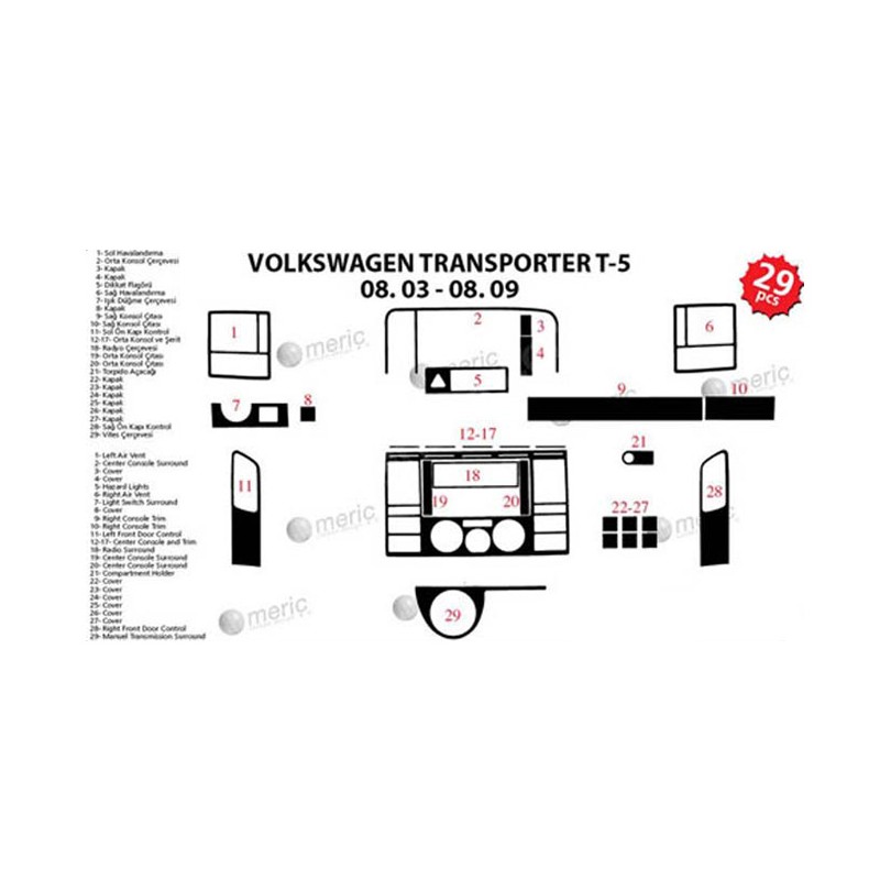 MAUN KAPLAMA VW TRANSPORTER T5 MULTİVAN 03-09 GRİ 29PRÇ 36144 MERİÇ