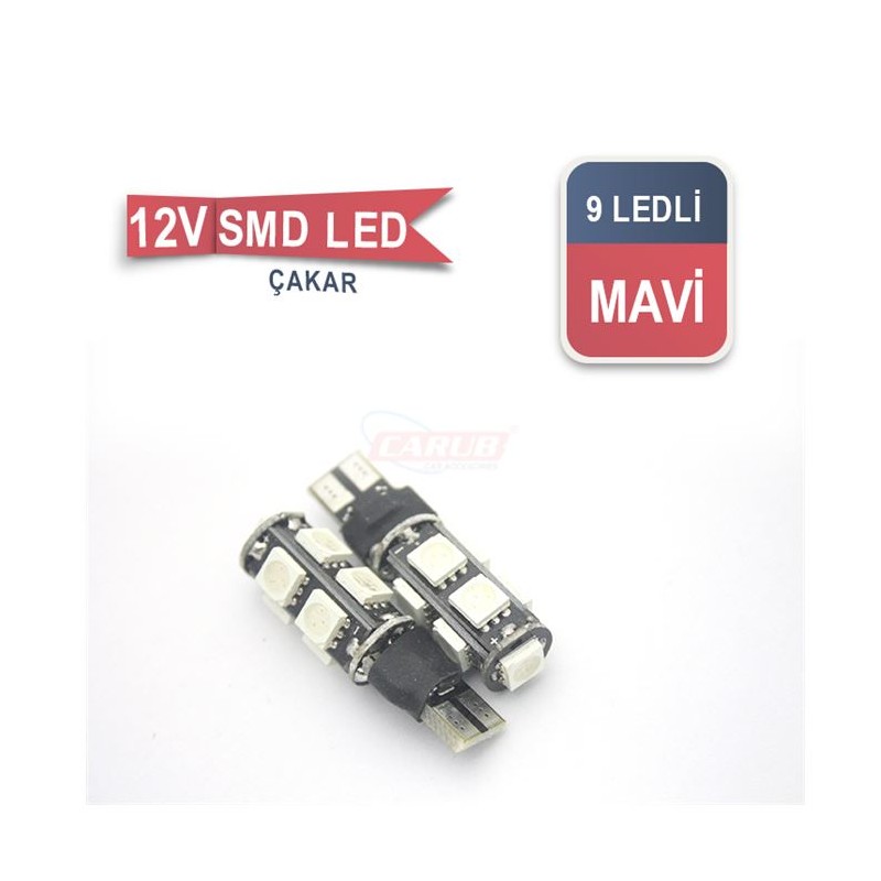 AMPÜL DİPSİZ LED 12V ÇAKARLI 9LU SMD 5050 MAVİ 0400227 CARUB