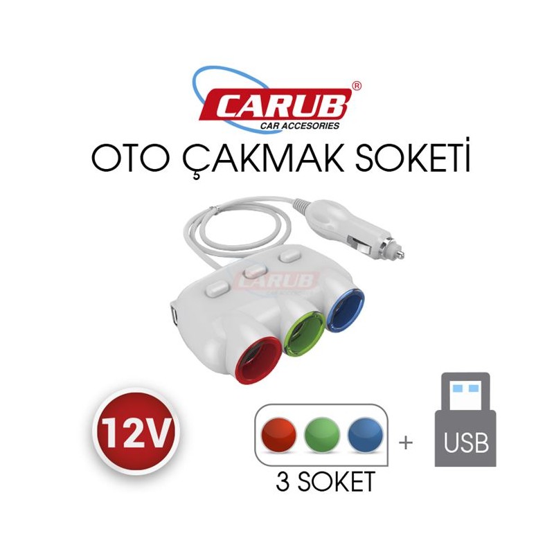 ÇAKMAK SOKETİ KABLOLU 3LÜ USBLİ ANAHTARLI + IŞIKLI 1702102 CARUB
