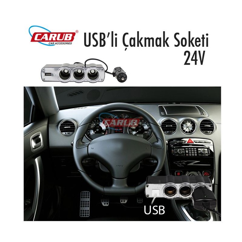 ÇAKMAK SOKETİ KABLOLU 3LÜ USBLİ 24V CARUB 1702003 CARUB