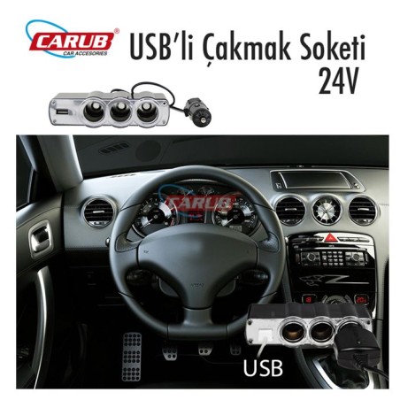 ÇAKMAK SOKETİ KABLOLU 3LÜ USBLİ 24V CARUB 1702003 CARUB
