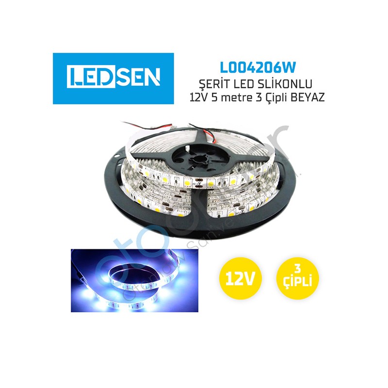 ELASTİK LED SİLİKONLU 5MT LEDSEN 3 ÇİPLİ 12V BEYAZ L004206EW 12V L0042