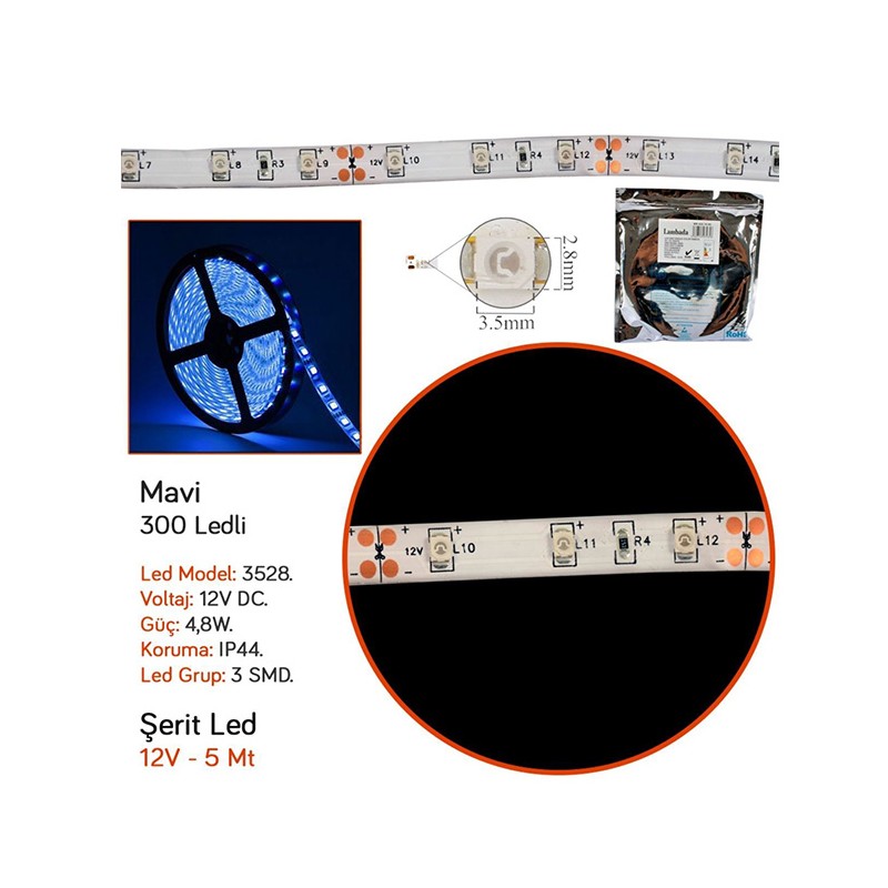 ELASTİK LED SİLİKONLU 5MT 300 LED 12V MAVİ CARUB 4327486 CARUB