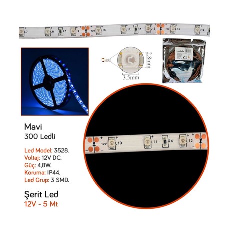 ELASTİK LED SİLİKONLU 5MT 300 LED 12V MAVİ CARUB 4327486 CARUB