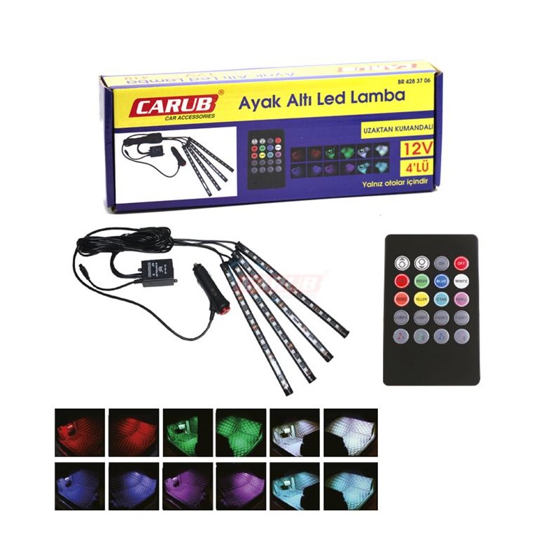 ELASTİK LED AYAK ALTI UZ. KUMANDALI SESE DUYARLI. 7 RENK 12V 12 LED 4P