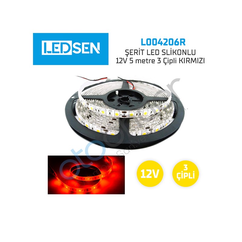ELASTİK LED SİLİKONLU 5MT 3 ÇİPLİ 12V KIRMIZI L004206R12V LEDSEN L0042