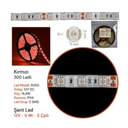 ELASTİK LED SİLİKONLU 5MT 3 ÇİPLİ 12V KIRMIZI 300 LED CARUB 4327532 CA