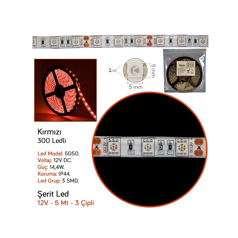 ELASTİK LED SİLİKONLU 5MT 3 ÇİPLİ 12V KIRMIZI 300 LED CARUB 4327532 CA