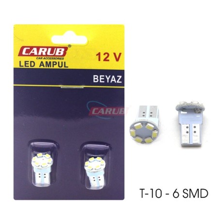 AMPÜL DİPSİZ LED 12V T10 6 LED SMD FİBER FAR İÇİ BEYAZ 0400207 CARUB