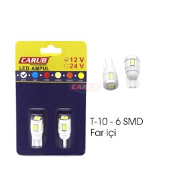 AMPÜL DİPSİZ LED 12V T10 6 LED SMD BEYAZ 0400251 CARUB