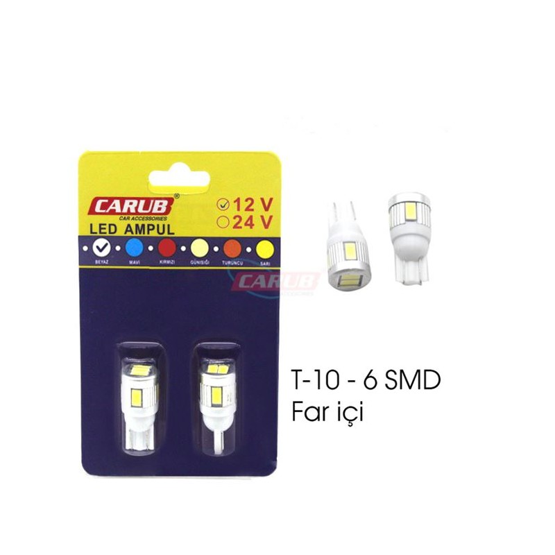 AMPÜL DİPSİZ LED 12V T10 6 LED SMD BEYAZ 0400251 CARUB