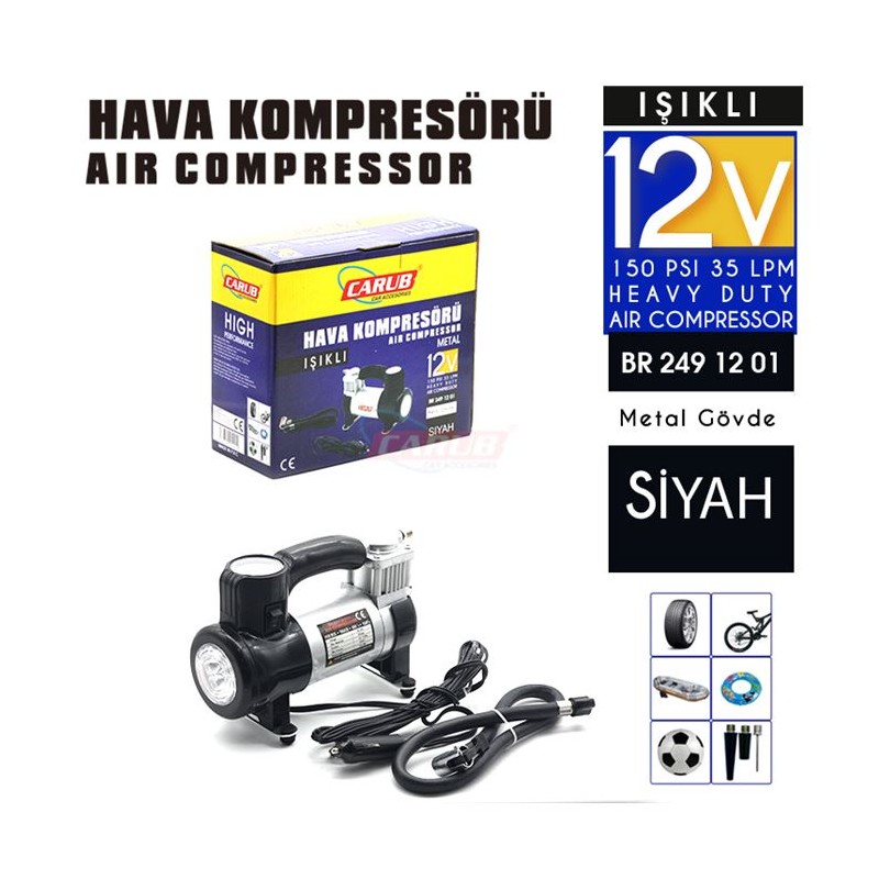 KOMPRESÖR TEK PİSTON 12V METAL SİYAH IŞIKLI 2491201 CARUB
