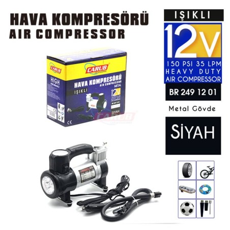 KOMPRESÖR TEK PİSTON 12V METAL SİYAH IŞIKLI 2491201 CARUB