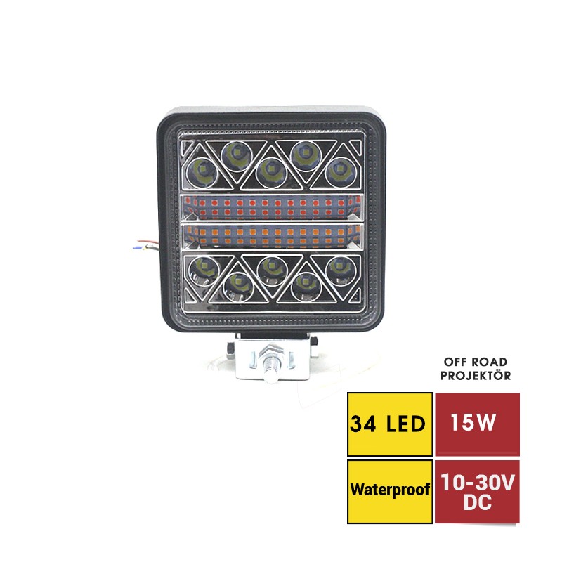 ÇALIŞMA LAMBASI KARE 10-30V 15W 34 LED (10B/24T) 105X105MM K-22MM 3010