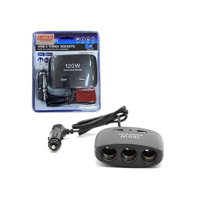 ÇAKMAK SOKETİ 3LÜ KABLOLU 2USB 12-24V 120W 1702103 CARUB