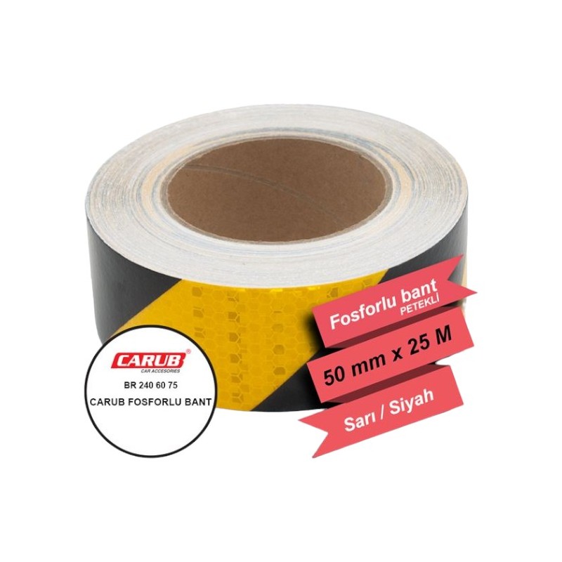 FOSFOR BANT 5CMX25MT PETEKLİ ÇAPRAZ SARI-SİYAH 2406075 CARUB