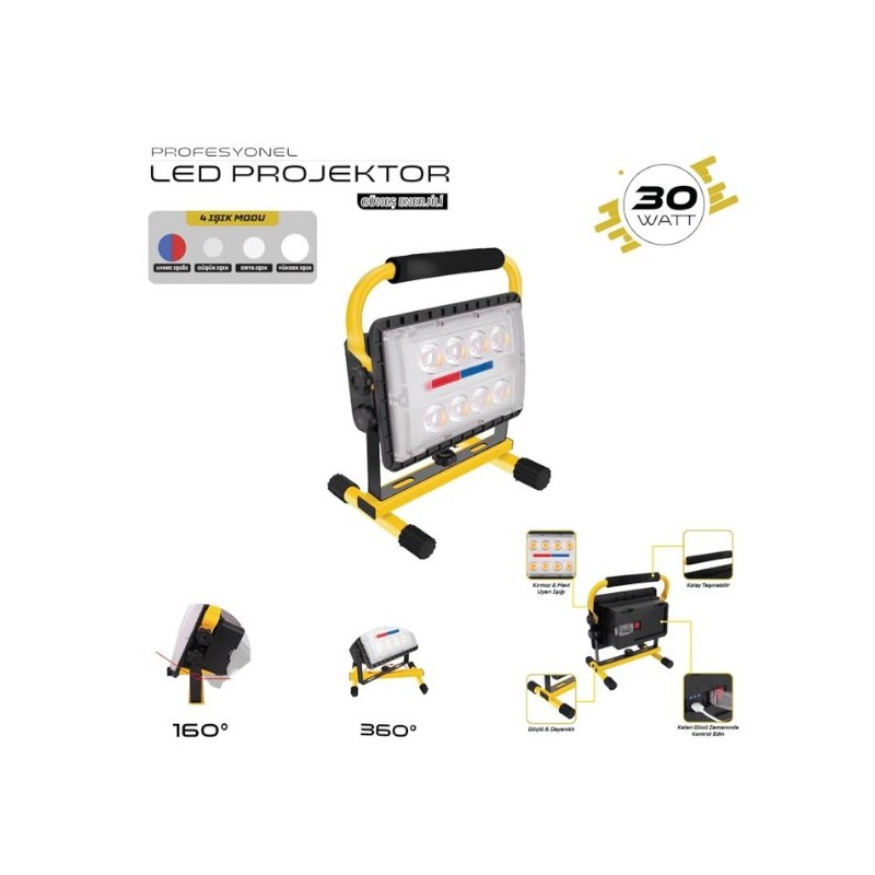 PROJEKTÖR GÜNEŞ ENERJİLİ ŞARZLI COB LED BEYAZ + KIRMIZI MAVİ ÇAKARLI 6