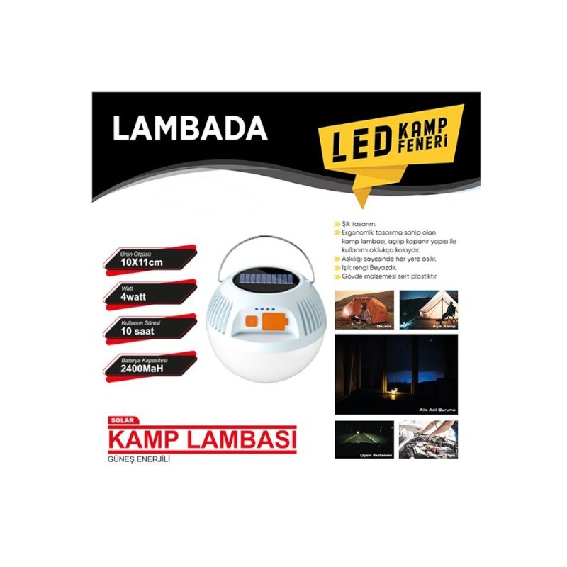 KAMP FENERİ GÜNEŞ ENERJİLİ 4W ŞARZLI 3 FONKSİYONLU ÇAKARLI SİYAH LAMBA