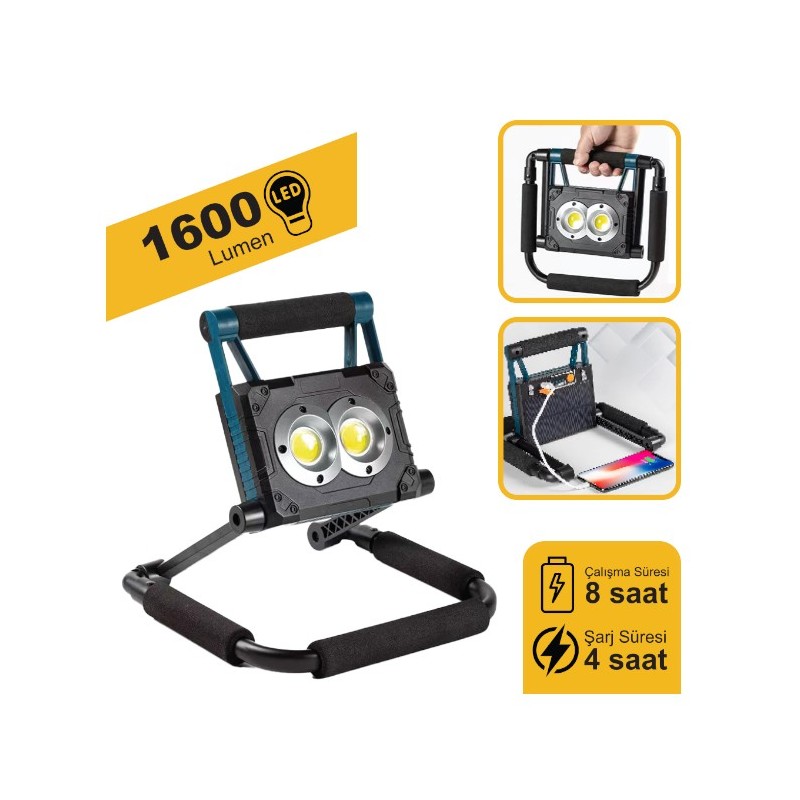 PROJEKTÖR GÜNEŞ ENERJİLİ ŞARZLI COB LED KATLANIR AYAKLI BEYAZ 30W LAMB
