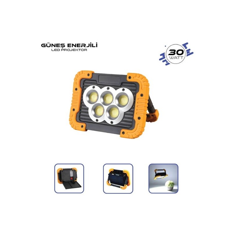 PROJEKTÖR GÜNEŞ ENERJİLİ ŞARZLI + PİLLİ COB LED BEYAZ 30W LAMBADA 4500