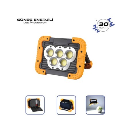 PROJEKTÖR GÜNEŞ ENERJİLİ ŞARZLI + PİLLİ COB LED BEYAZ 30W LAMBADA 4500