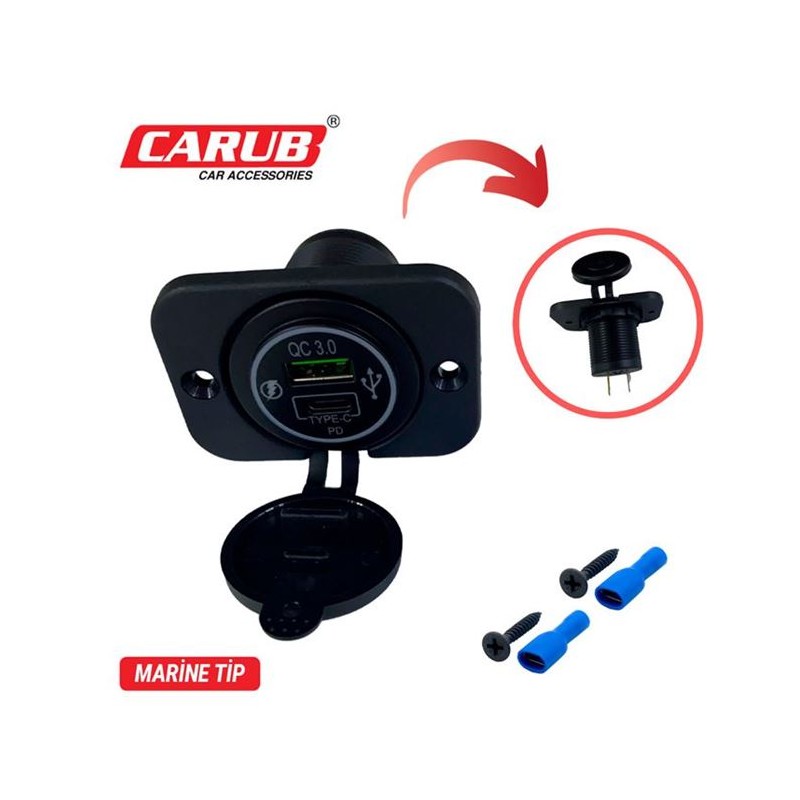 ÇAKMAK SOKETİ MARİNE TİP KAPAKLI 2Lİ TYPE-C+USB 9-30V 1700814 CARUB