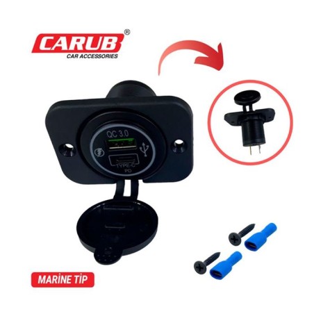 ÇAKMAK SOKETİ MARİNE TİP KAPAKLI 2Lİ TYPE-C+USB 9-30V 1700814 CARUB