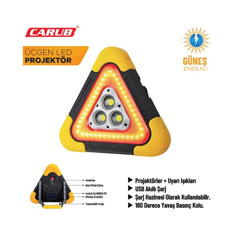 REFLEKTÖR ÜÇGEN LEDLİ BATARYALI GÜNEŞ ENERJİLİ 5 FONSİYON 4502107 CARU