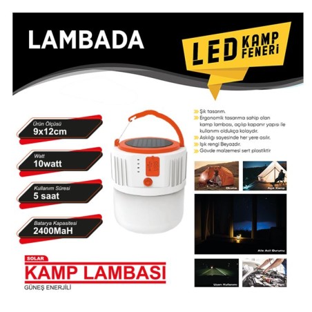 KAMP FENERİ GÜNEŞ ENERJİLİ 10W ŞARZLI 3 FONKSİYONLU ÇAKARLI BEYAZ LAMB