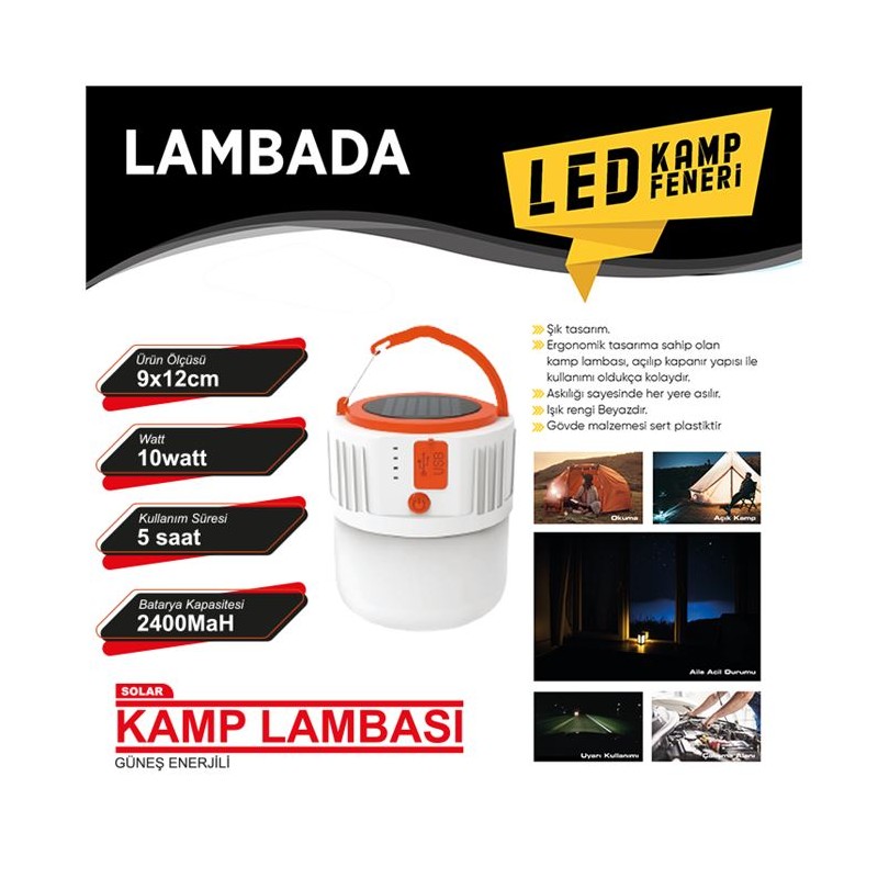 KAMP FENERİ GÜNEŞ ENERJİLİ 10W ŞARZLI 3 FONKSİYONLU ÇAKARLI BEYAZ LAMB