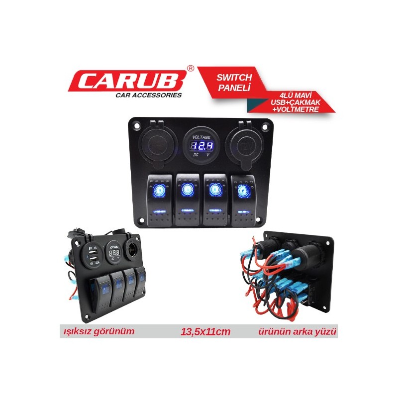 ANAHTAR PANEL MARİNE SWİTCH 4LÜ USB-ÇAKMAK-VOLTMETRE MAVİ 4630150 CARU