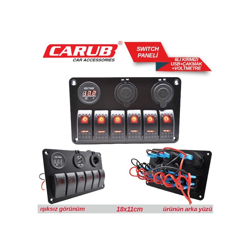 ANAHTAR PANEL MARİNE SWİTCH 6LI USB-ÇAKMAK-VOLTMETRE KIRMIZI 4630153 C