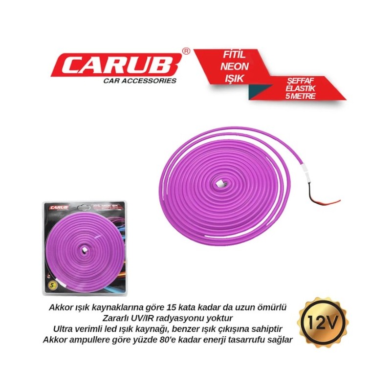 ELASTİK NEON ŞERİT LED ŞEFFAF IŞIKLI MOR 5MT 4327611 CARUB